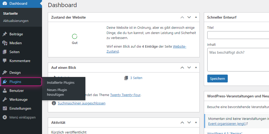 WordPress Dashboard mit Klick auf Plugins
